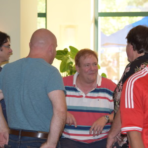 Mark Mazzetti, center, producer of New Horizons, mingles with fans.